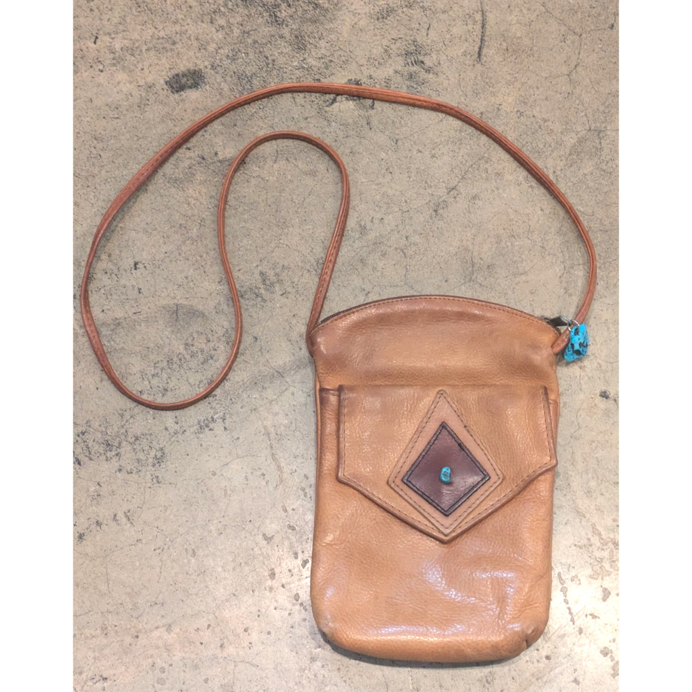 VTG Leather Crossbody Purse Rustic Western Handmade Bag Real Turquoise Accents